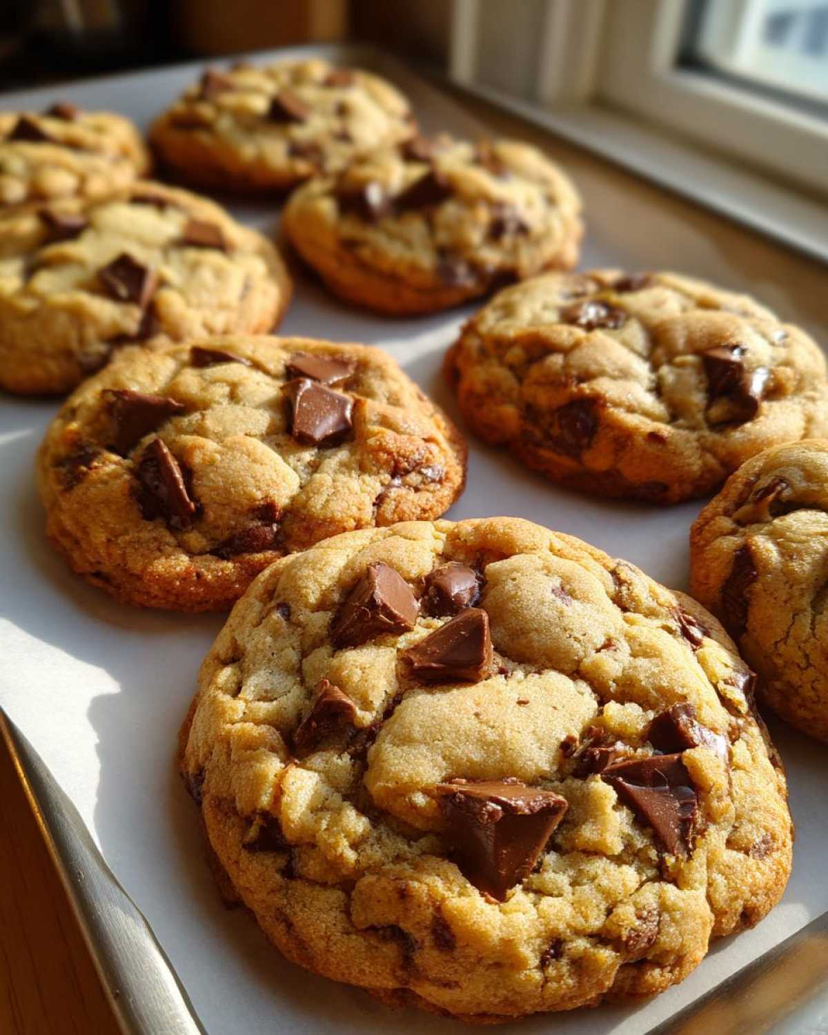 A tray of freshly baked soft chocolate chip cookies with large chocolate chunks, cooling on parchment paper.