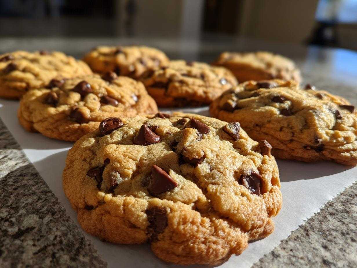 Close-up of several soft chocolate chip cookies on parchment paper, showcasing their texture and melted chocolate chips.
