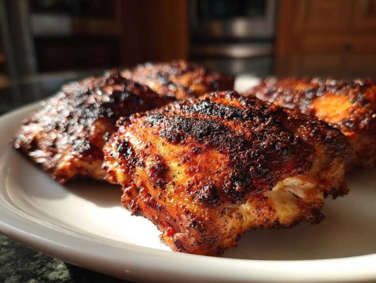 Close-up of flavorful southern baked chicken thighs with crispy skin, served on a white plate.