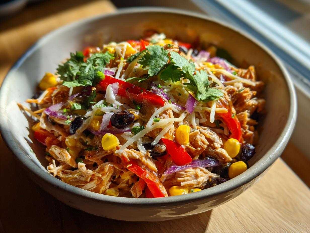 A vibrant bowl of Southwest chicken salad with shredded chicken, corn, black beans, peppers, and cilantro.