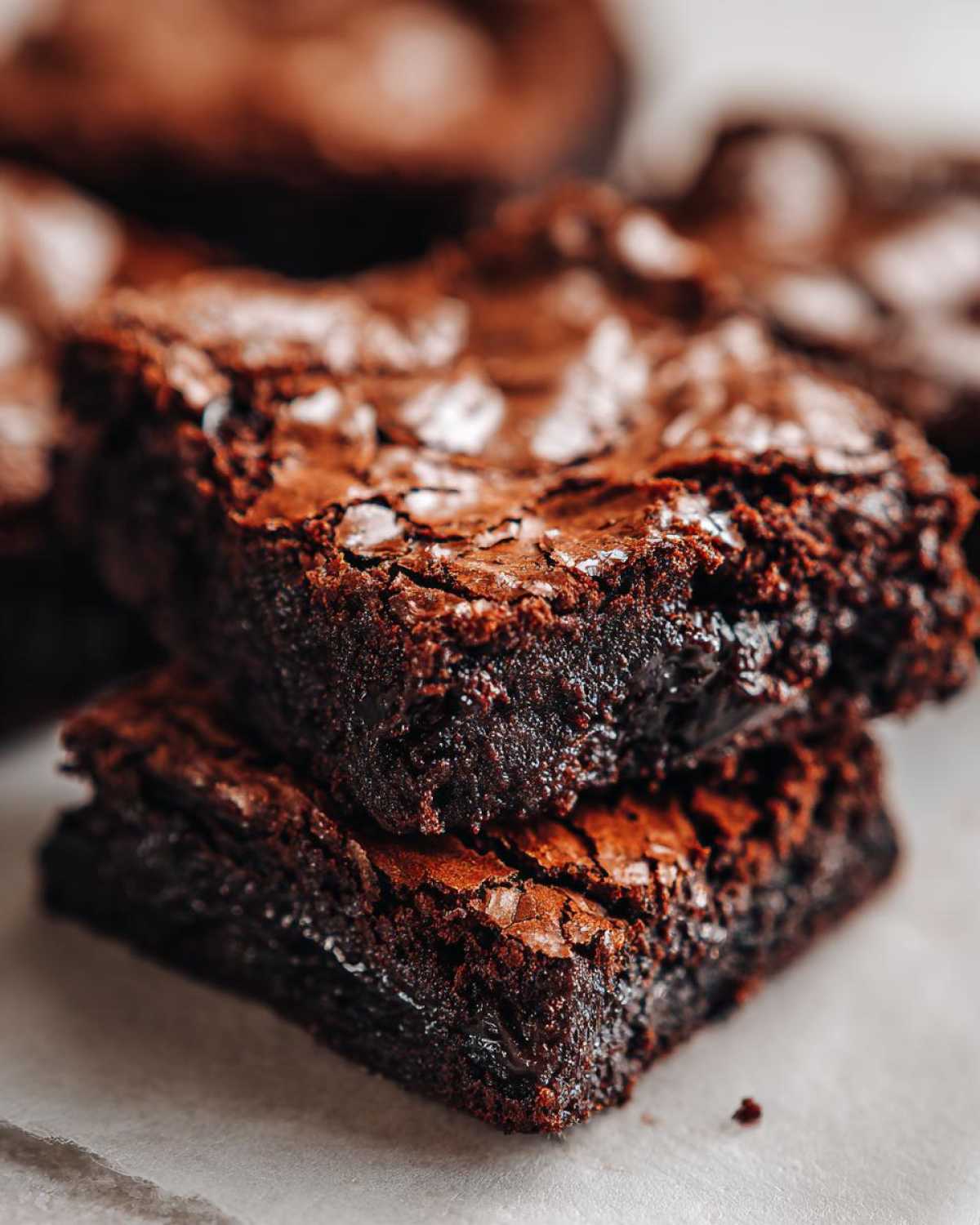 Close-up of two stacked fudgy brownies, showcasing their rich color and texture.
