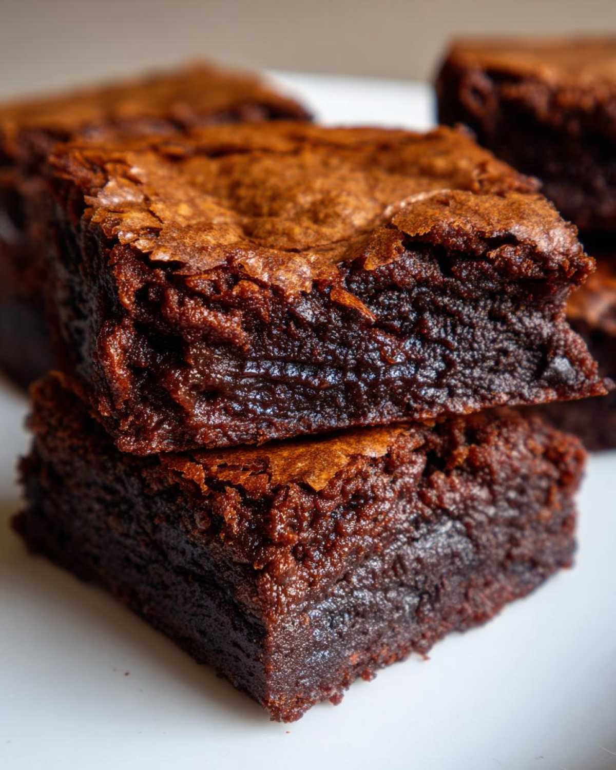 Close-up of stacked fudgy brownies, showing their rich, moist texture and crackled tops.