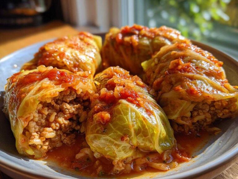 A plate of homemade stuffed cabbage rolls topped with tomato sauce, showcasing a cozy and comforting meal.