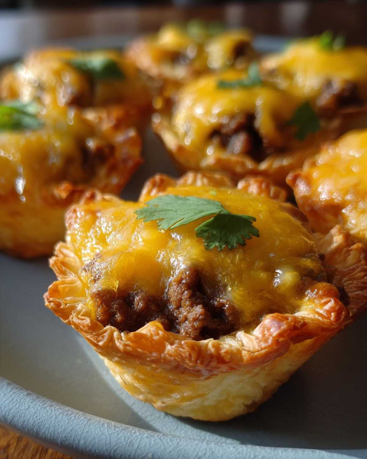 Close-up of homemade Taco ranch bites with a flaky crust, taco filling, melted cheese, and cilantro garnish.
