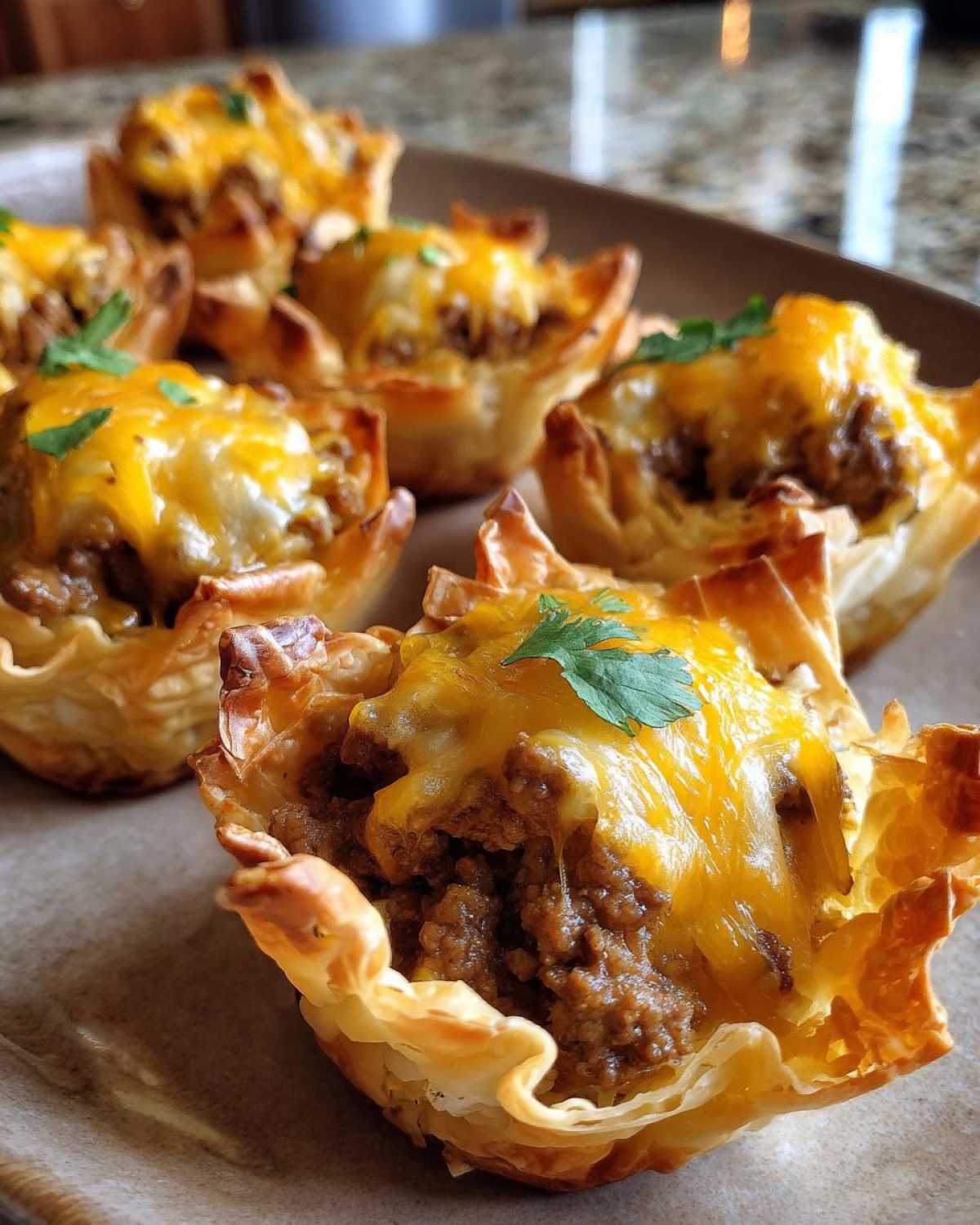 Close-up of several taco ranch bites in phyllo cups, topped with melted cheese and cilantro.
