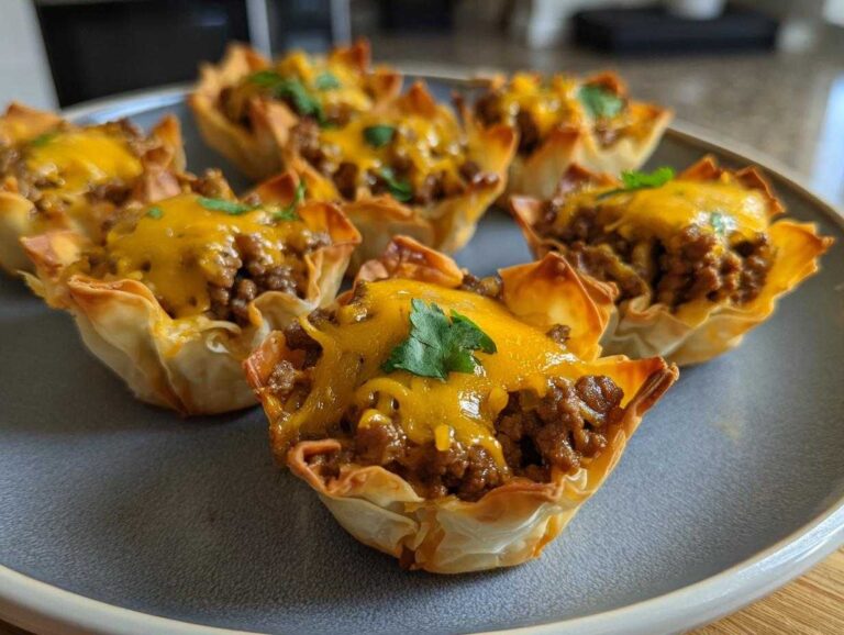 A plate of homemade taco ranch bites, featuring seasoned ground beef, melted cheese, and fresh cilantro in crispy wonton wrappers.