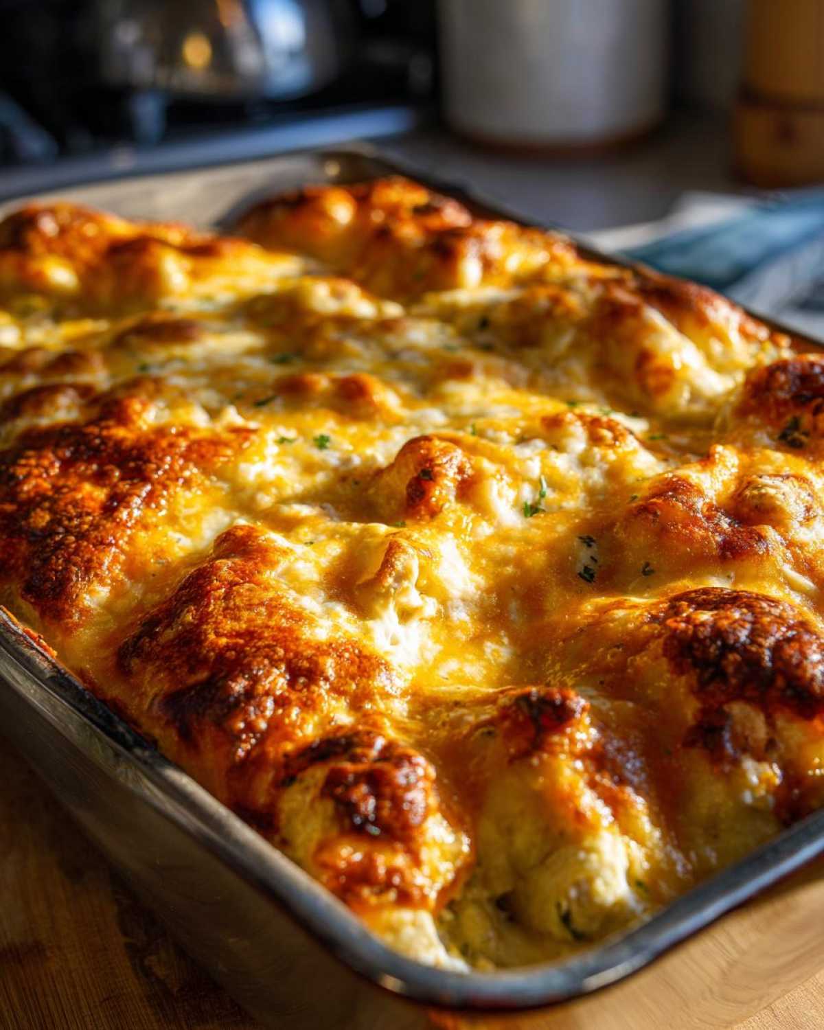Close-up of a pan of golden-brown White chicken enchiladas, bubbling with cheese and garnished with herbs.