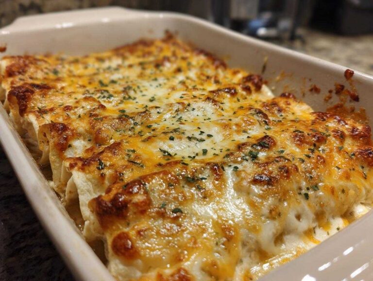 Baking dish filled with delicious white chicken enchiladas, topped with melted cheese and fresh herbs.