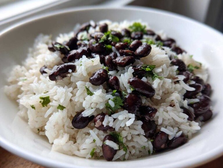 A close-up, bright photo of fluffy white rice topped generously with shiny black beans and chopped green herbs.