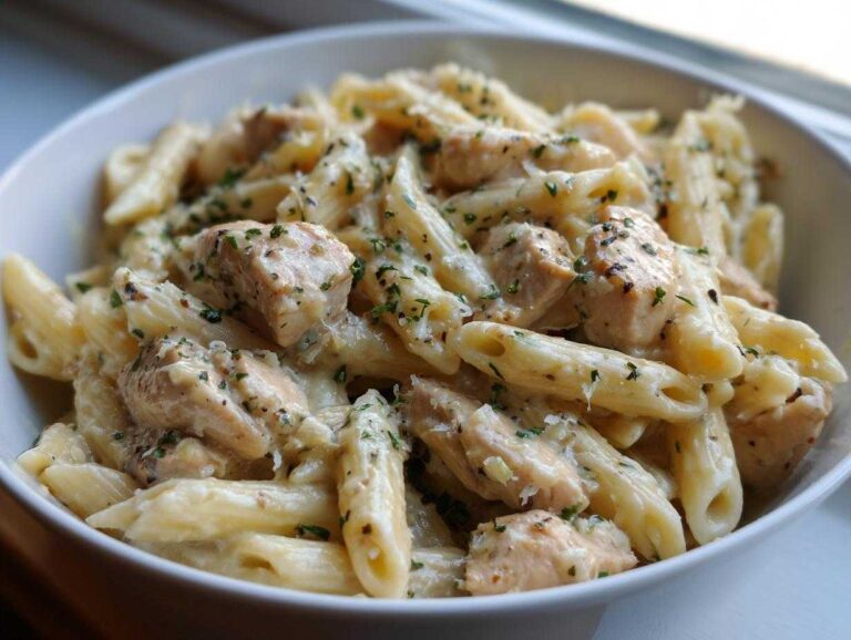 Close-up of creamy penne pasta mixed with chicken chunks, coated in a rich garlic parmesan sauce and sprinkled with parsley.