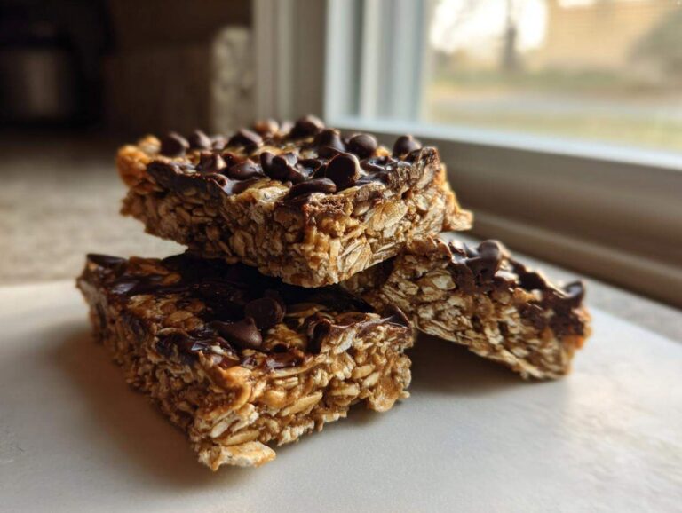 Three stacked, homemade protein bars made with oats and topped with melted chocolate chips.