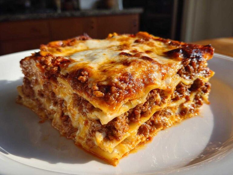 A thick, layered slice of baked lasagna with rich meat sauce and melted cheese topping.