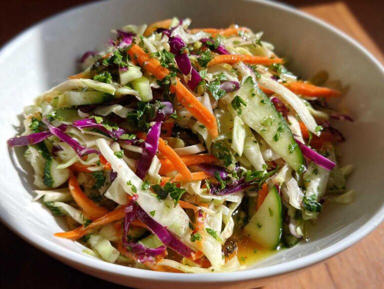 Close-up of a vibrant cabbage salad featuring shredded white and purple cabbage, carrots, and cucumber slices in a white bowl.