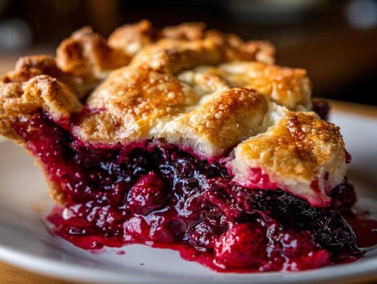 Close-up of a juicy slice of berry pie showing dark red filling and golden flaky crust.