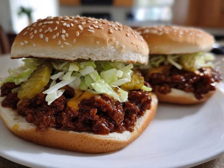 Two amazing big mac sloppy joes piled high with meat sauce, shredded lettuce, and pickles on sesame seed buns.