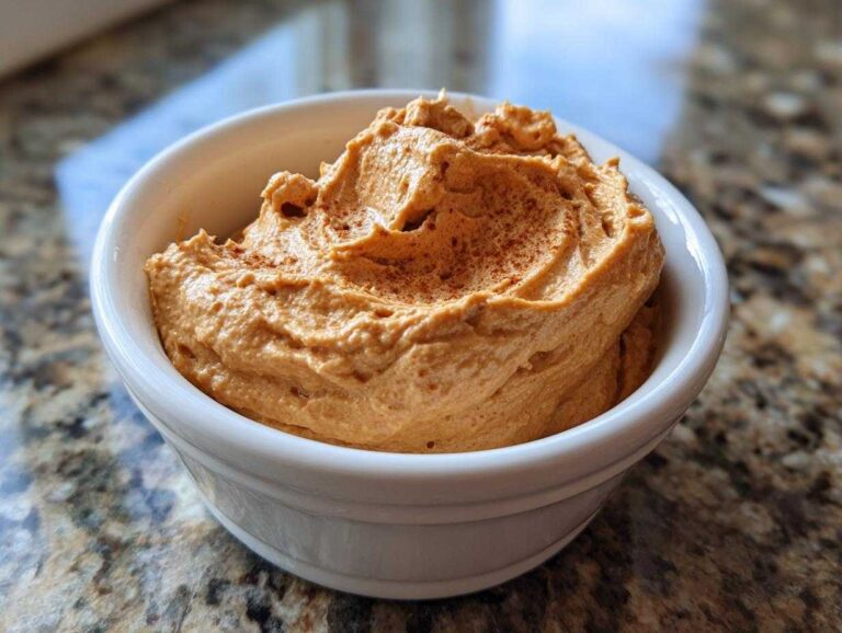 Close-up of a thick, creamy orange fruit dip sprinkled with cinnamon in a small white bowl.