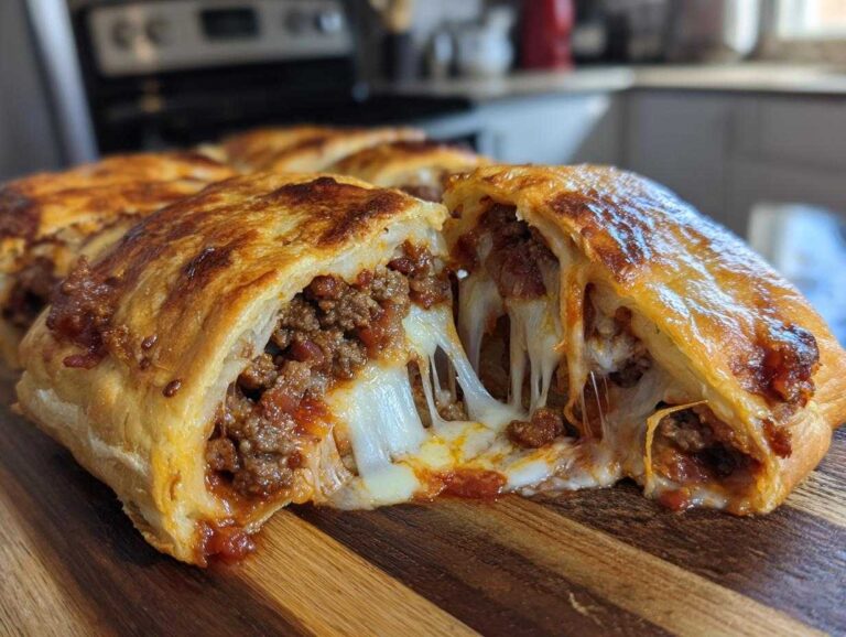 Close-up of a piece of golden baked garbage bread pulled apart revealing a meaty, cheesy filling with long cheese pulls.