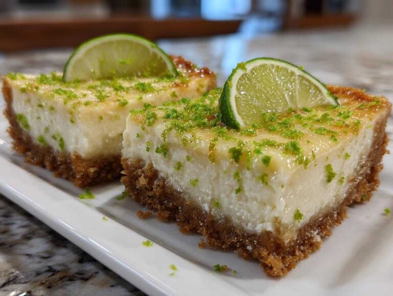 Two rich slices of amazing key lime cheesecake topped with lime zest and a fresh lime wedge.