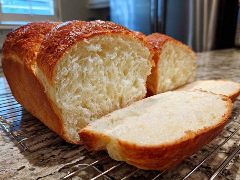 Close-up of a sliced loaf of amazing milk bread showing its soft, fluffy interior and golden brown crust.