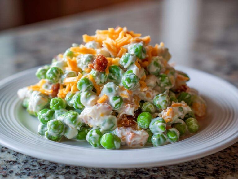 A mound of creamy pea salad mixed with dressing, topped with shredded cheddar cheese and bacon bits, served on a white plate.