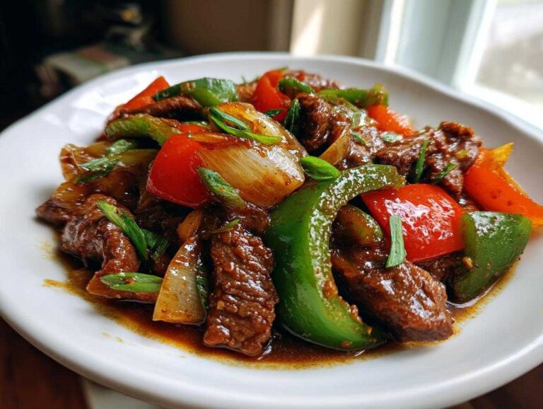 Close-up of glossy, saucy pepper steak with vibrant red and green bell peppers and onions.