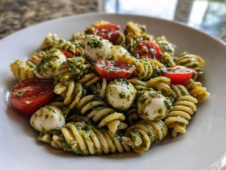 A close-up shot of a bowl of pesto pasta salad featuring rotini pasta, small mozzarella balls, and halved cherry tomatoes.