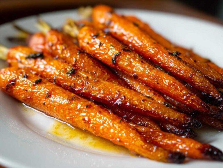 A close-up of several perfectly caramelized and glazed roasted carrots seasoned with herbs on a white plate.