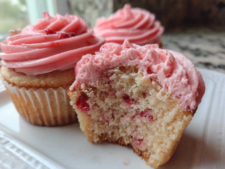 A close-up view of amazing strawberry cupcakes, one of which is bitten into, showing the moist cake and pink strawberry frosting.