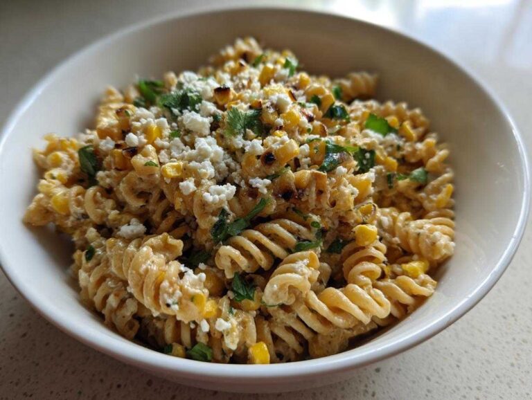A close-up of a white bowl filled with creamy street corn pasta salad, topped with crumbled white cheese and cilantro.