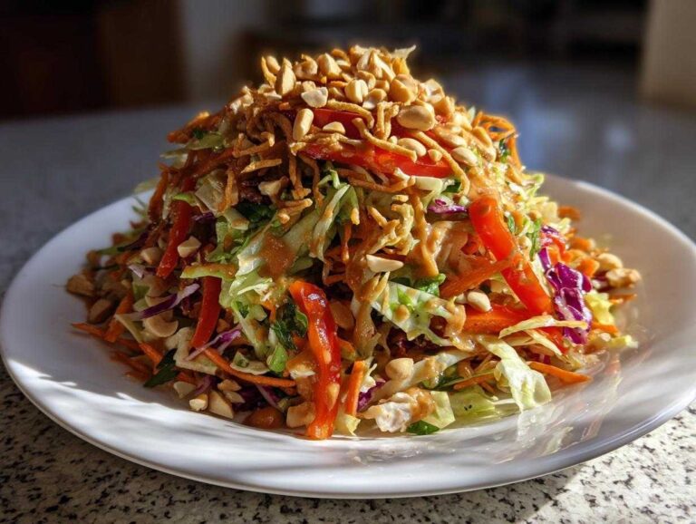 A vibrant mound of amazing thai chicken salad topped with peanut dressing, crunchy noodles, and chopped peanuts.
