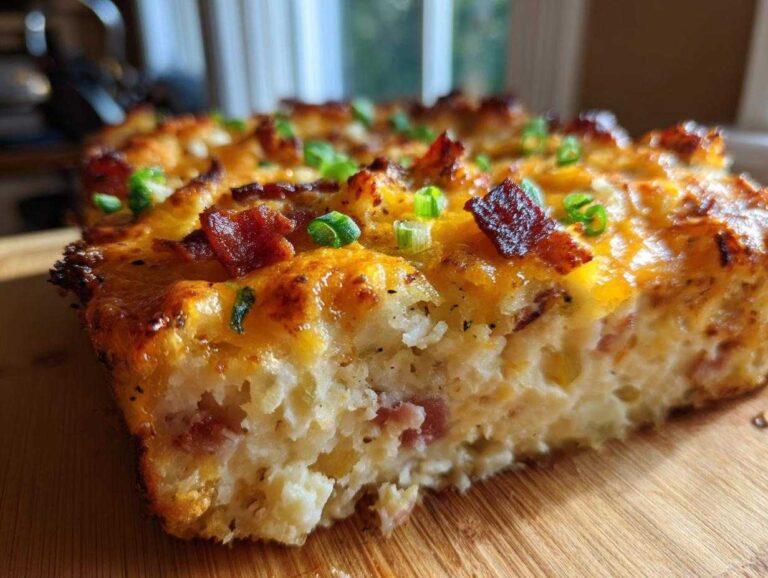 A close-up cross-section view of a rich twice baked casserole topped with melted cheddar cheese, bacon bits, and green onions.