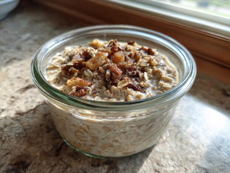 Close-up of apple cinnamon overnight oats topped with nuts and spices in a clear glass jar.