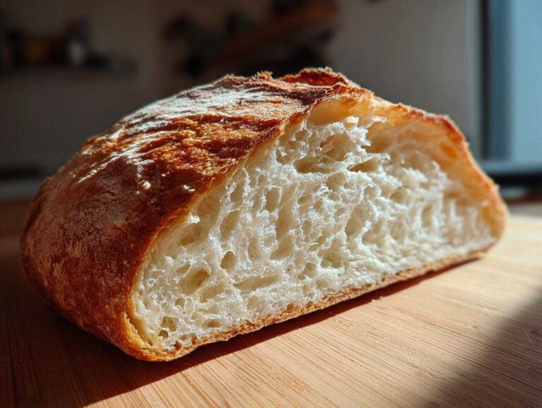 Close-up of a freshly baked artisan bread slice showing a beautiful, open crumb structure and golden crust.