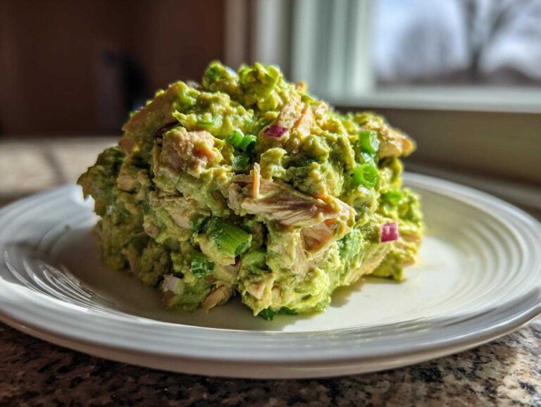 A generous scoop of creamy avocado chicken salad mixed with visible chunks of chicken and topped with green onions.