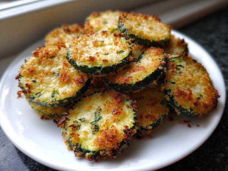 Close-up of crispy, golden brown baked parmesan zucchini slices stacked on a white plate.