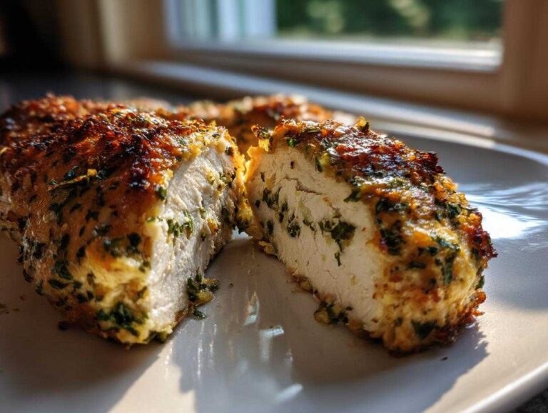 Close-up of baked ranch chicken breast, sliced open to show moist white meat and a golden, herby crust.