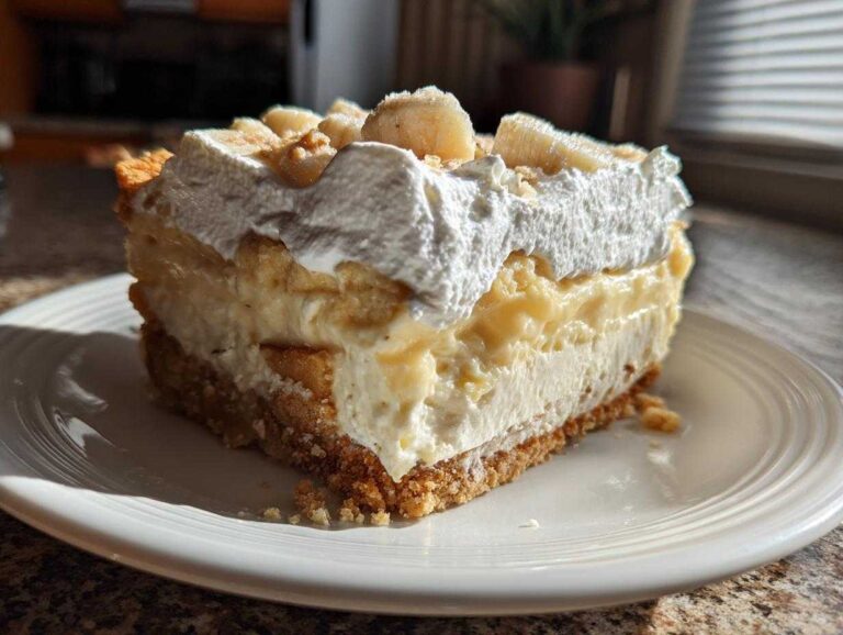 A thick slice of banana cream cheesecake with graham cracker crust, creamy layers, whipped topping, and banana pieces.