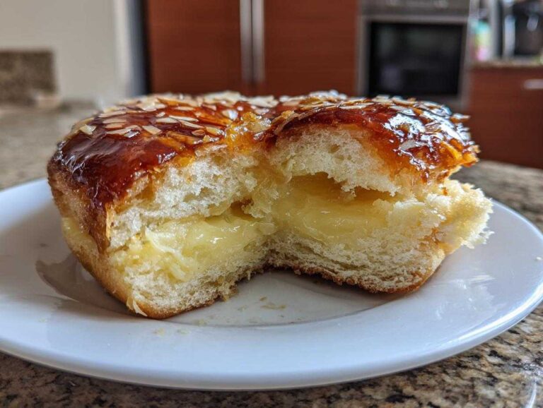Close-up of a bee sting cake cut in half, showing the fluffy interior, rich vanilla cream filling, and caramelized almond topping.