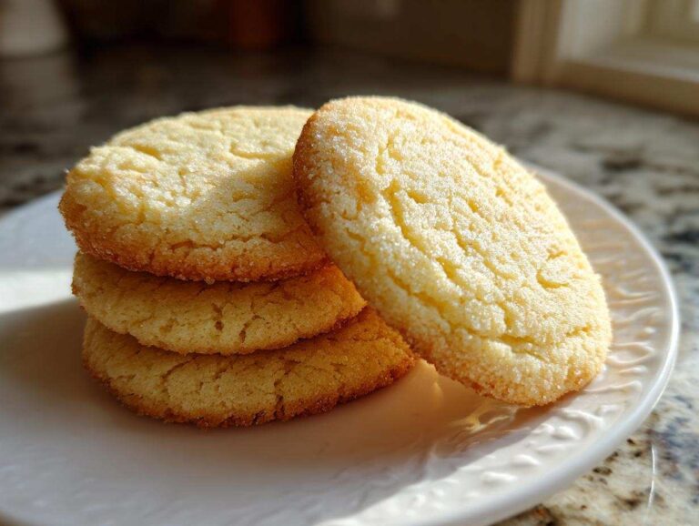 A close-up stack of four golden, slightly textured sugar cookie rounds resting on a white plate.