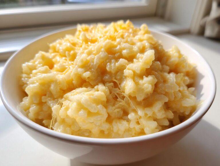 A close-up of a white bowl filled with creamy, yellow cheesy rice, showing melted cheese strands.