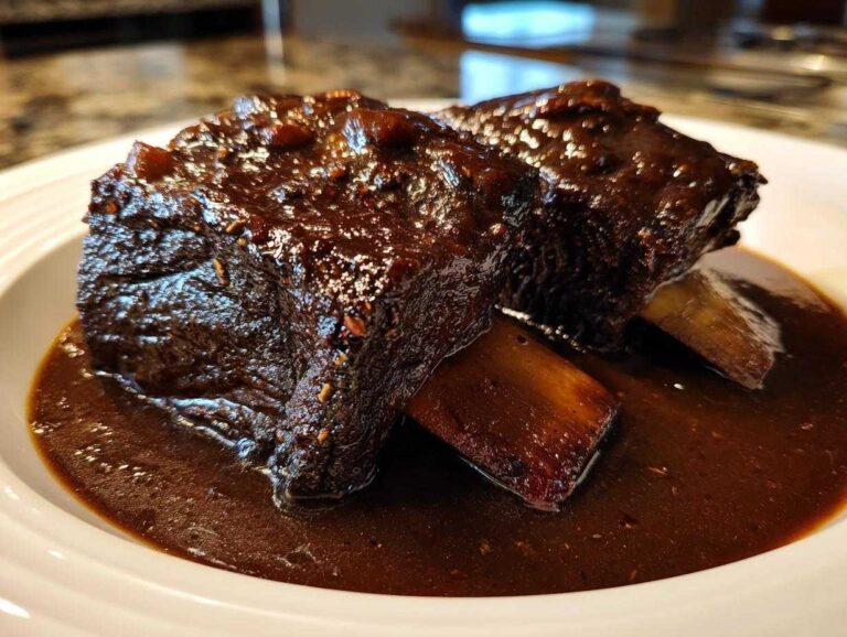 Two succulent braised short ribs covered in a rich, dark glaze, resting in sauce on a white plate.