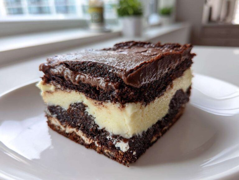 A rich slice of brownie refrigerator cake showing dark chocolate layers and a creamy white filling, served on a white plate.
