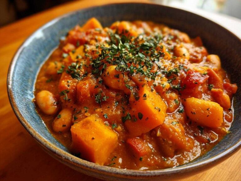Close-up of a rich, orange butternut squash chili with white beans, topped with fresh parsley.