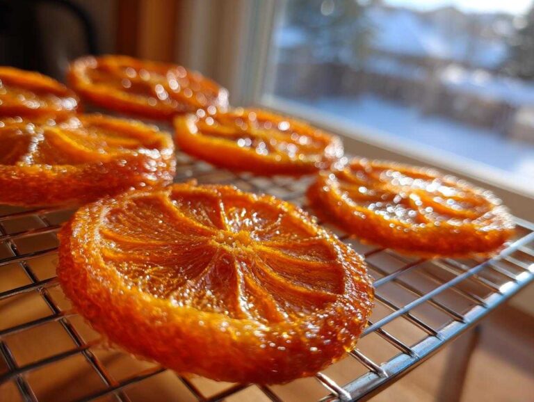 Close-up of glistening candied orange slices cooling on a wire rack near a sunny window.