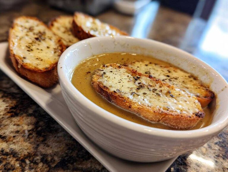 A bowl of rich garlic soup topped with melted cheese on toasted bread, served with extra cheesy bread slices.