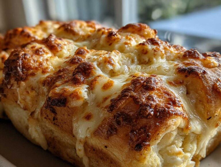 Close-up of cheesy Hawaiian roll garlic bread with golden-brown, melted cheese topping.