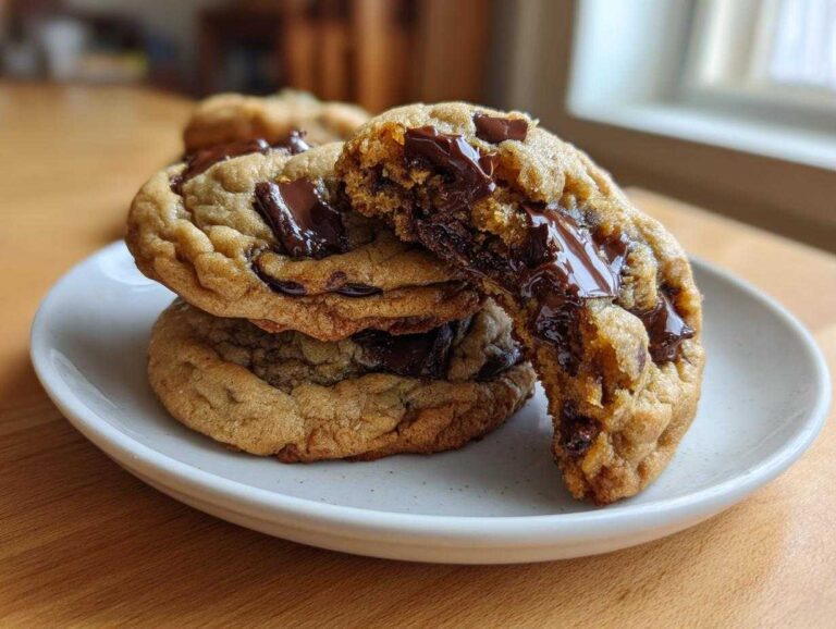 A stack of incredibly chewy chocolate chip cookies, one broken open to show gooey, melted chocolate chunks inside.