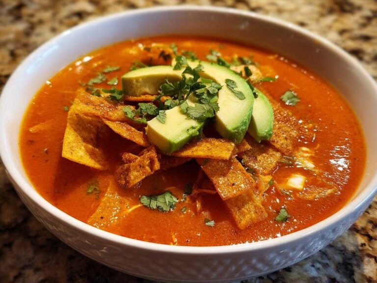 Close-up of a vibrant red chicken tortilla soup topped with crispy tortilla strips, sliced avocado, and fresh cilantro.