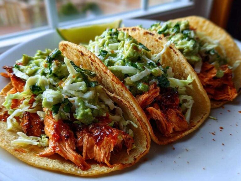 Three delicious salmon tacos filled with shredded chipotle honey salmon, cabbage slaw, and avocado topping.