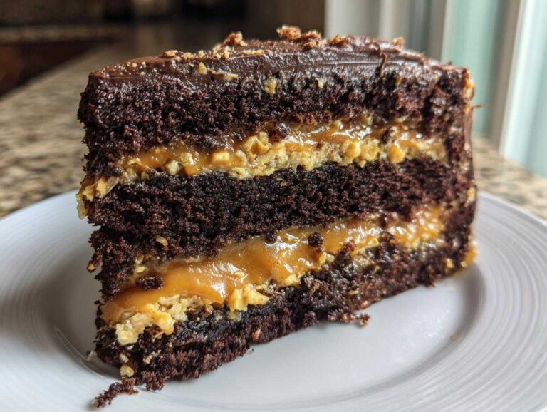 A decadent slice of chocolate caramel toffee crunch cake featuring three dark chocolate layers and thick caramel filling.
